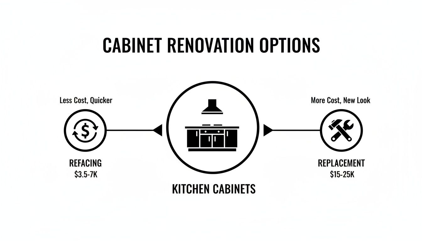 Diagram illustrating kitchen cabinet renovation options: refacing (less cost, quicker) vs. full replacement (more cost, new look).