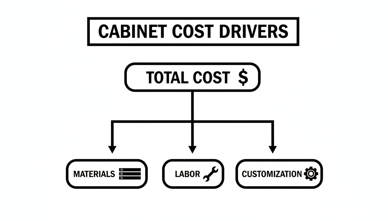 A flowchart diagram outlining the main cabinet cost drivers: materials, labor, and customization.