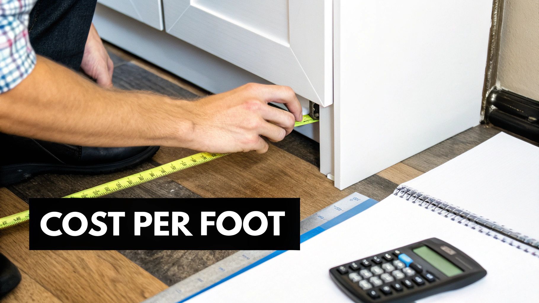 A person uses a tape measure to get dimensions of custom kitchen cabinets, with a calculator nearby.