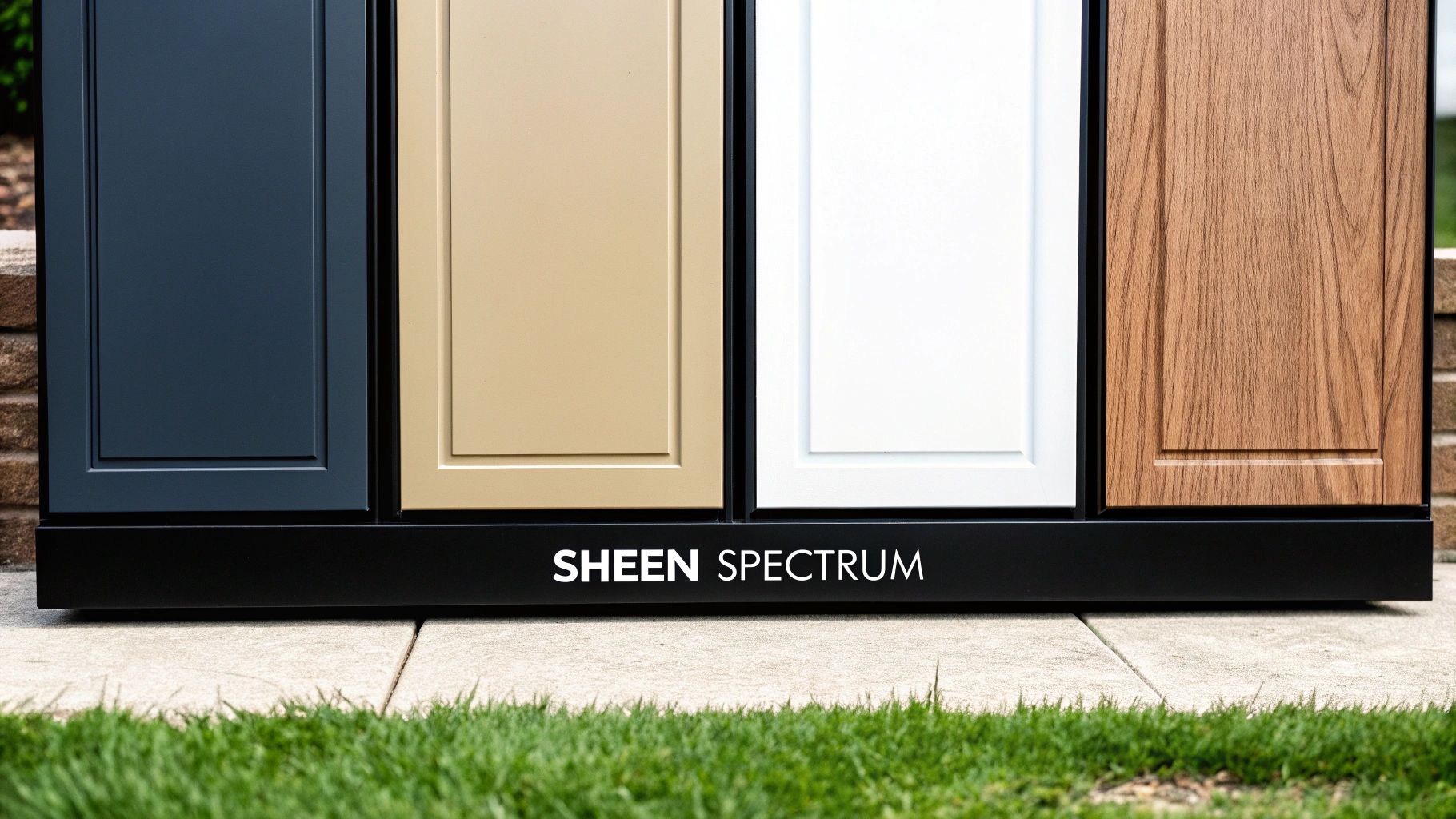 A spectrum of paint finish samples, from matte to high-gloss, showing varying levels of light reflection.