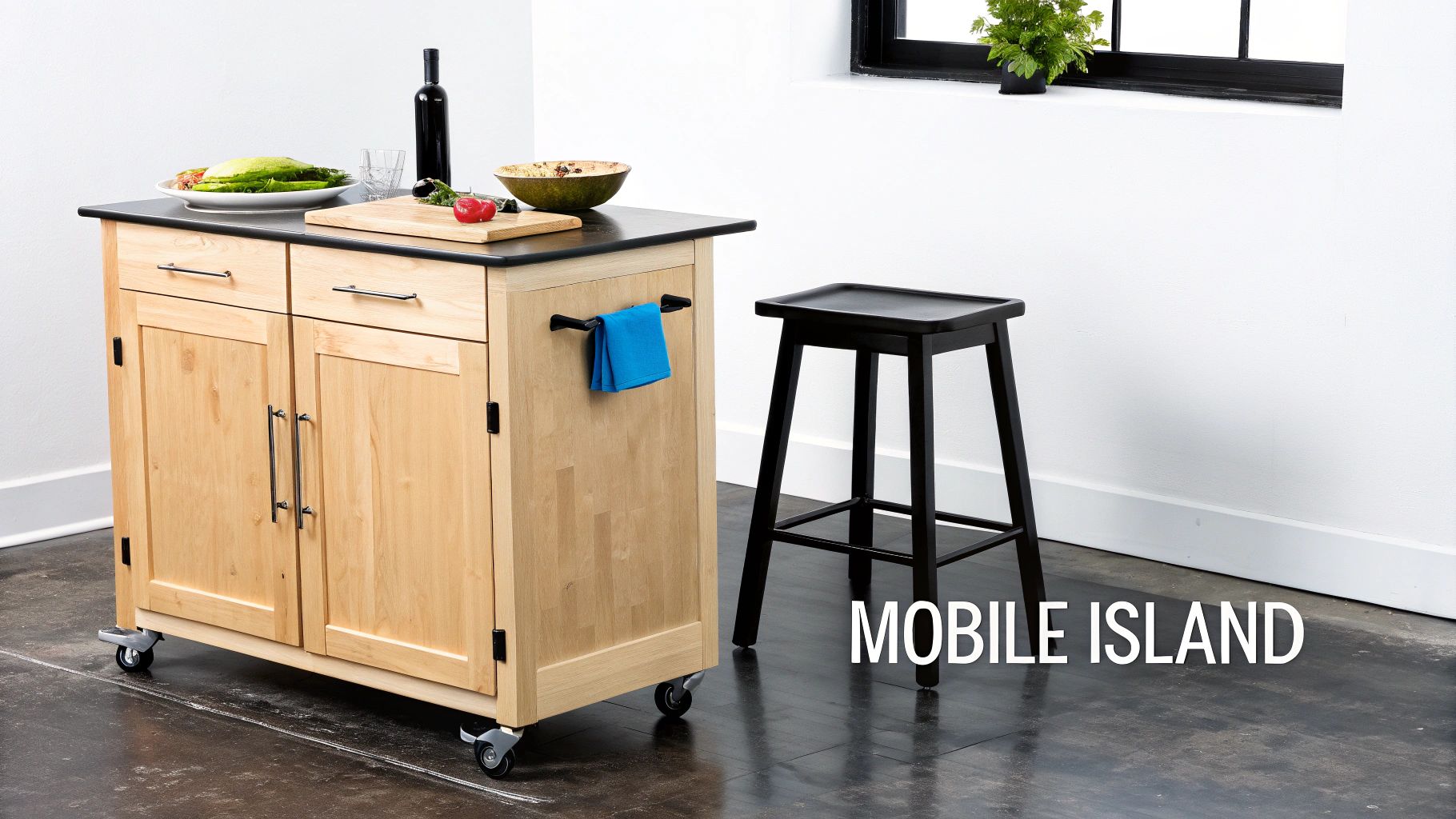 A light wood mobile kitchen island with a dark countertop, food, a blue towel, and a black stool.