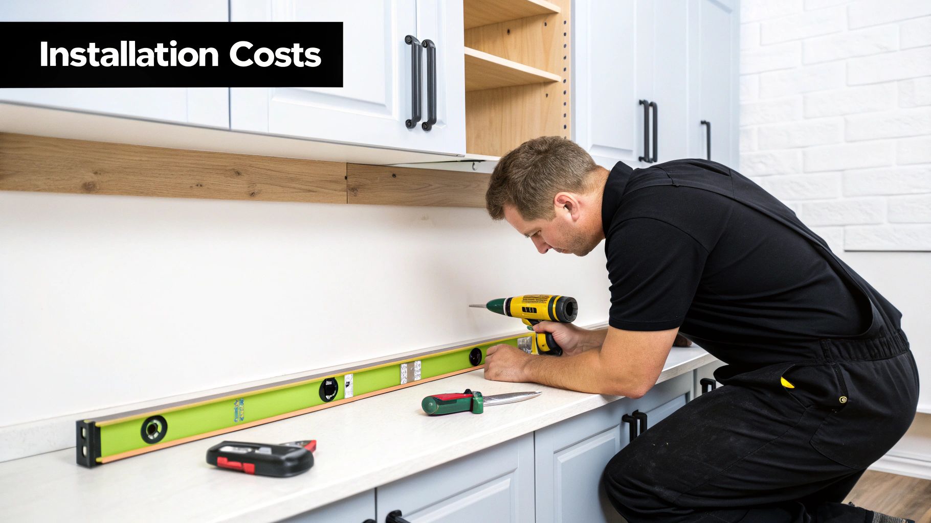 A man installs white kitchen cabinets using a drill and a level tool, with "Installation Costs" text.