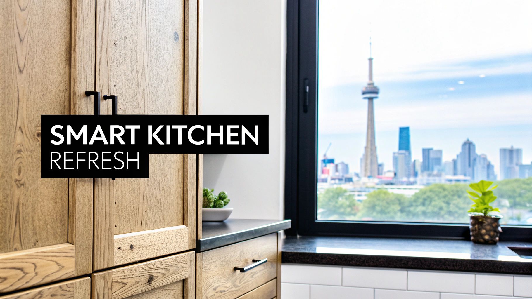A modern kitchen interior featuring light wood cabinets, dark countertops, and a window with a view of the Toronto skyline.