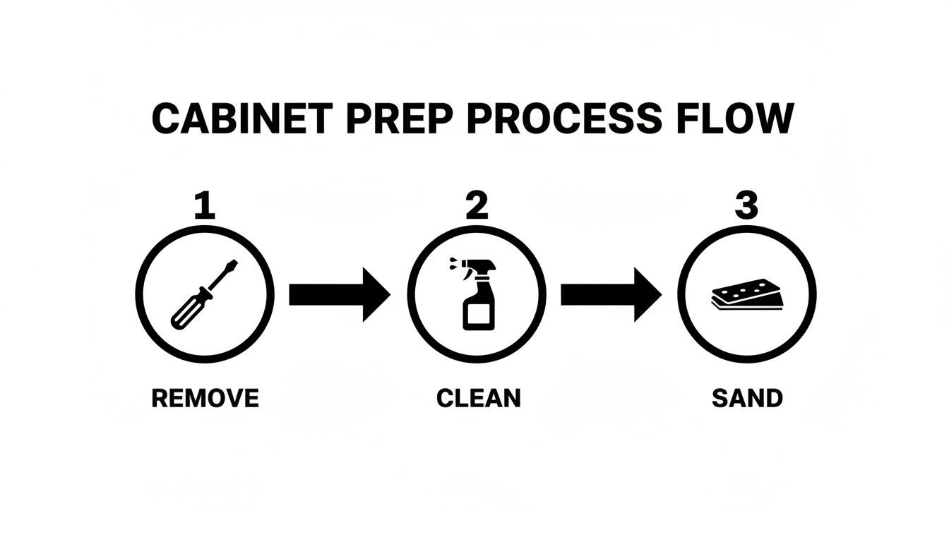 Process flow diagram showing three steps for cabinet preparation: remove, clean, and sand.