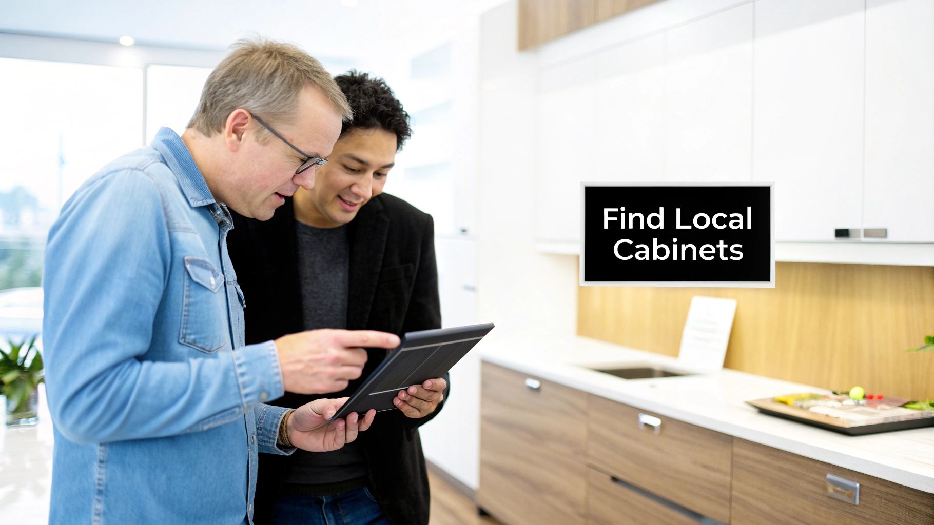 Two people consulting tablet device in modern kitchen showroom searching for local cabinet companies
