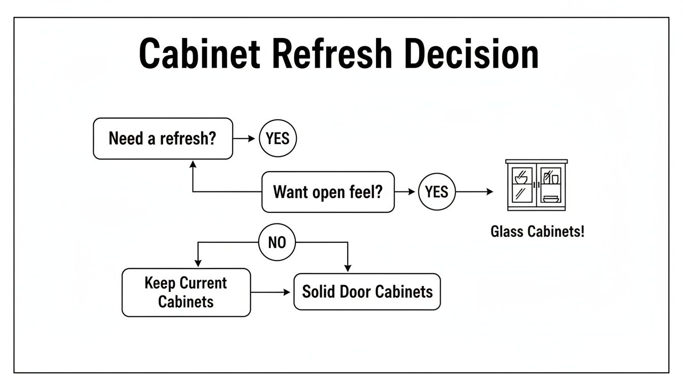 A flowchart illustrating the decision process for cabinet refresh, leading to glass or solid door cabinets.