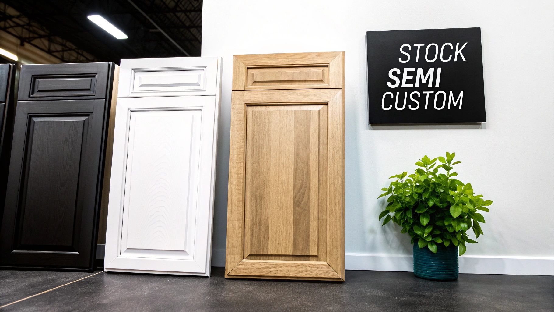Three cabinet door samples in dark gray, white, and natural wood displaying stock, semi-custom options