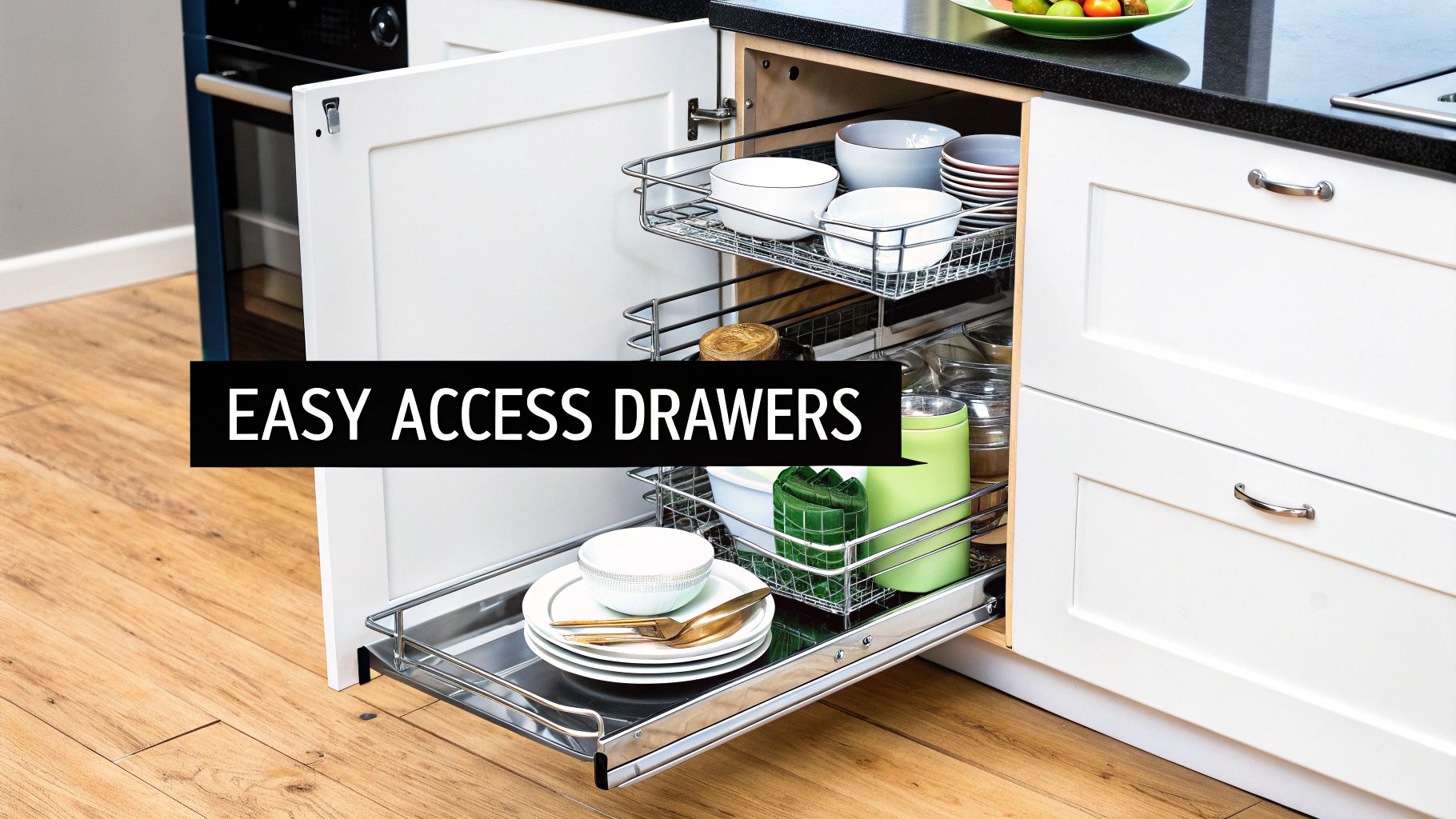 Open white kitchen cabinet revealing two pull-out wire drawers filled with various dishes and kitchen essentials, demonstrating easy access storage.