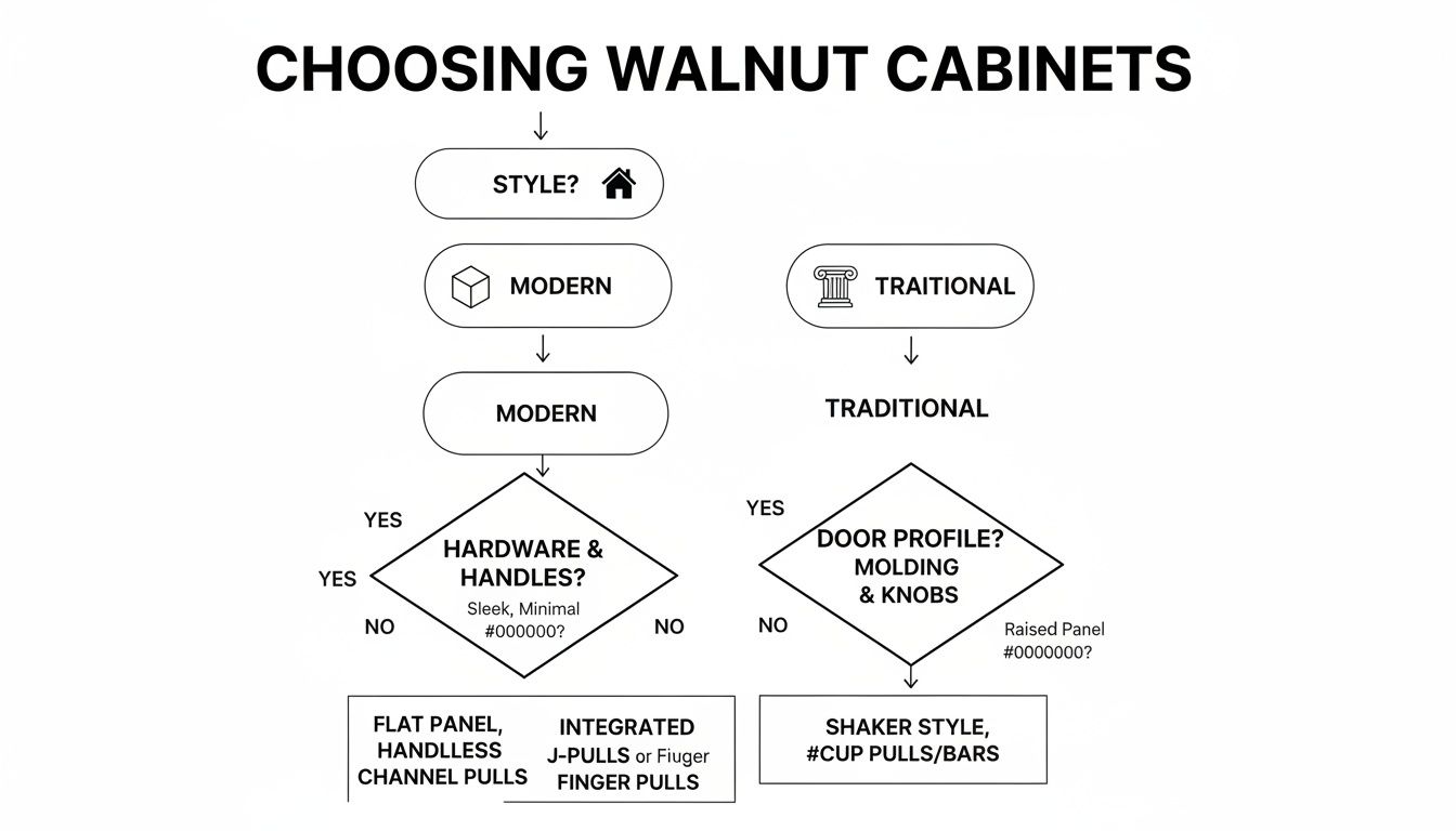 Flowchart guiding choices for walnut kitchen cabinet styles, hardware, door profiles, and handles.