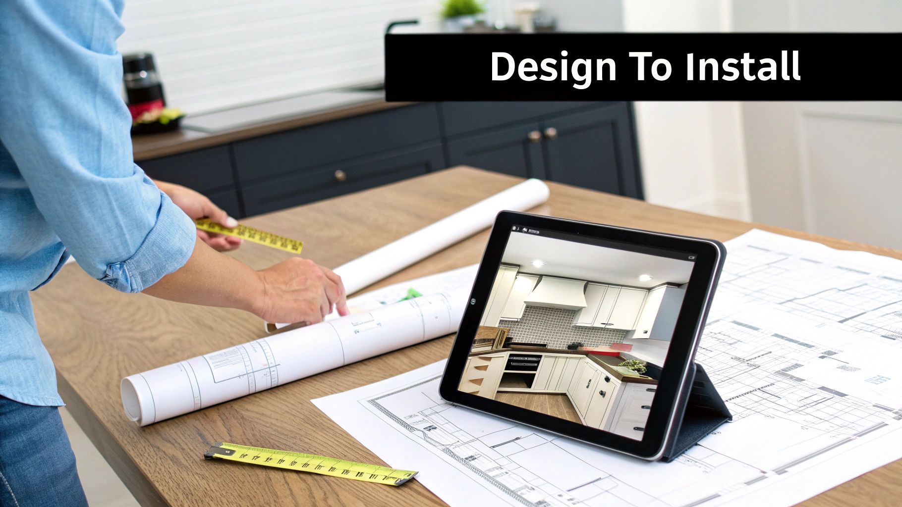 A person designing a kitchen with blueprints, a measuring tape, and a tablet displaying a modern kitchen layout.
