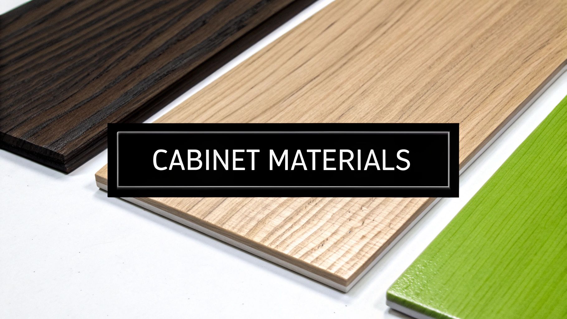 Three samples of cabinet materials: dark wood, light wood, and a vibrant green finish, with text 'CABINET MATERIALS'.