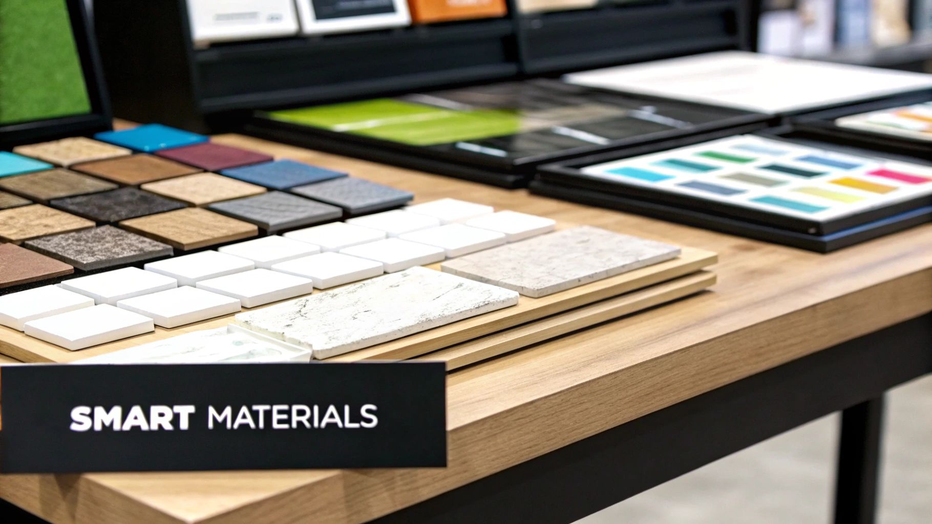 Diverse smart material samples for kitchen remodeling, including colorful tiles, wood, and marble textures.