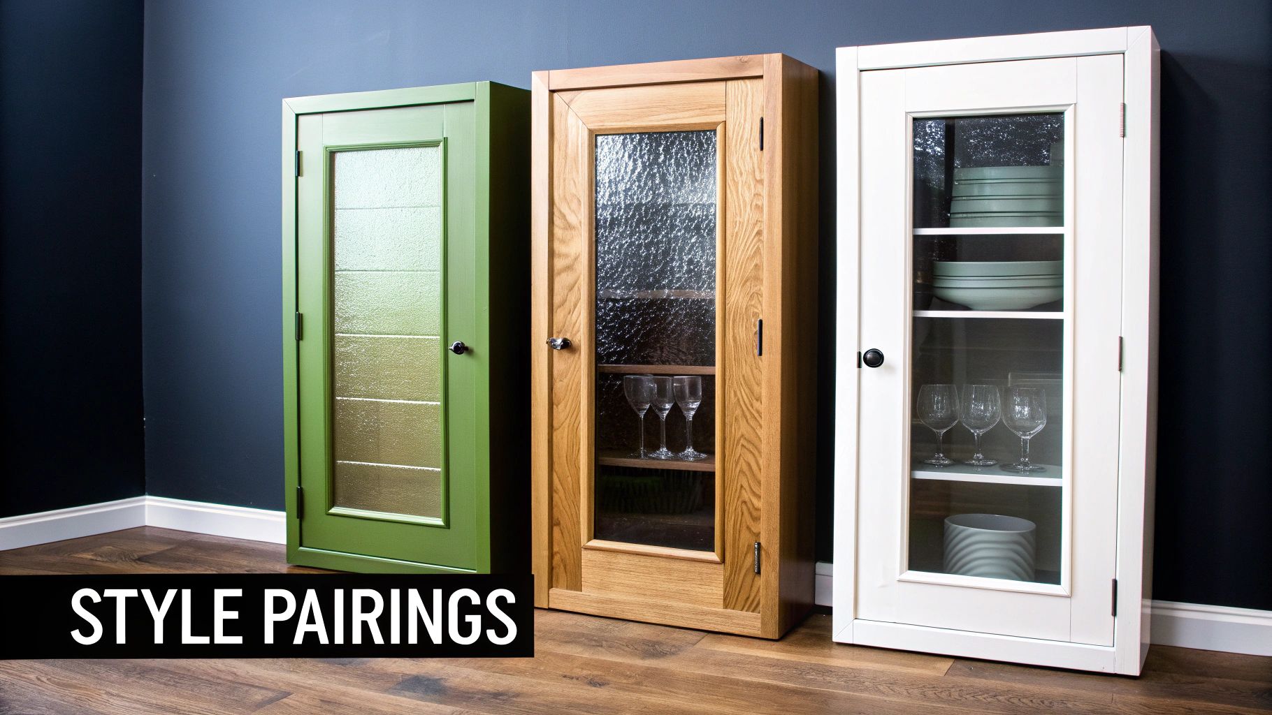 Three stylish kitchen cabinets, green, wood, and white, with glass doors displaying dishes and glasses.