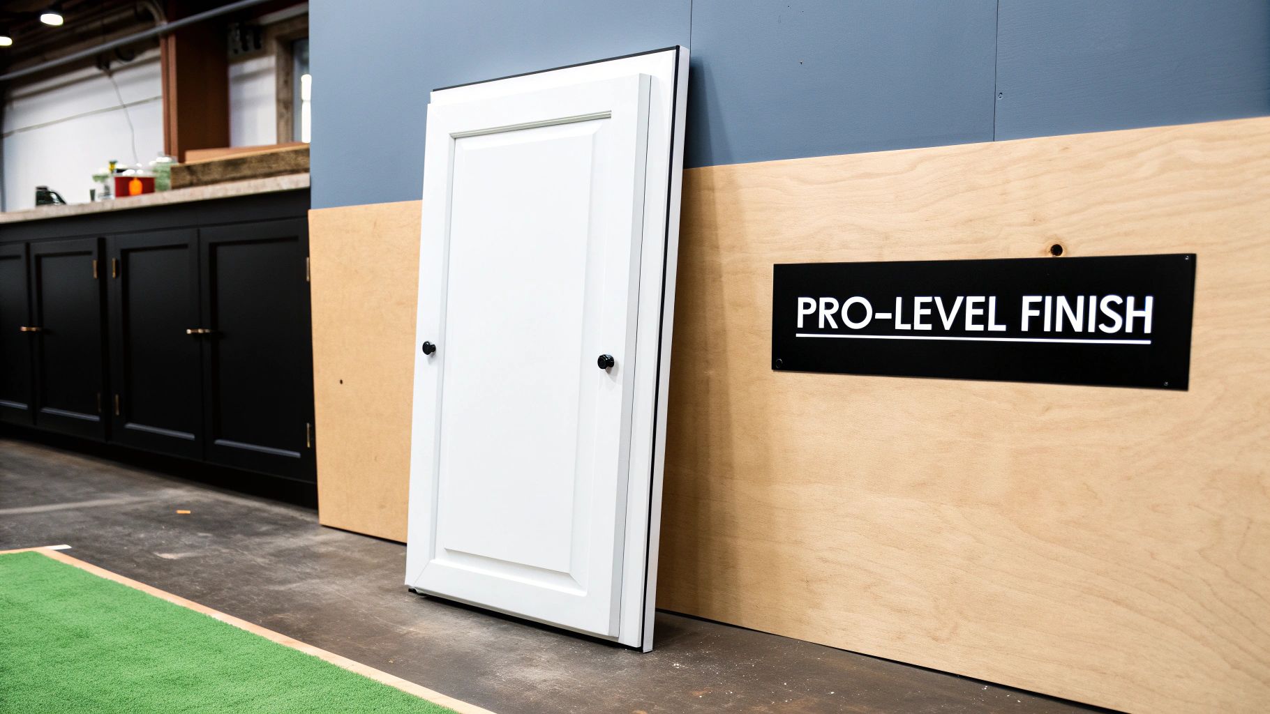 White shaker cabinet door leaning against a wall with a 'PRO-LEVEL FINISH' sign.