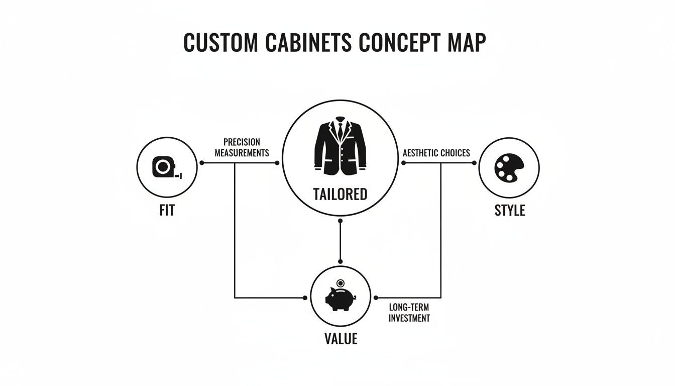 Concept map illustrating custom cabinets as tailored, emphasizing fit, style, and long-term value.