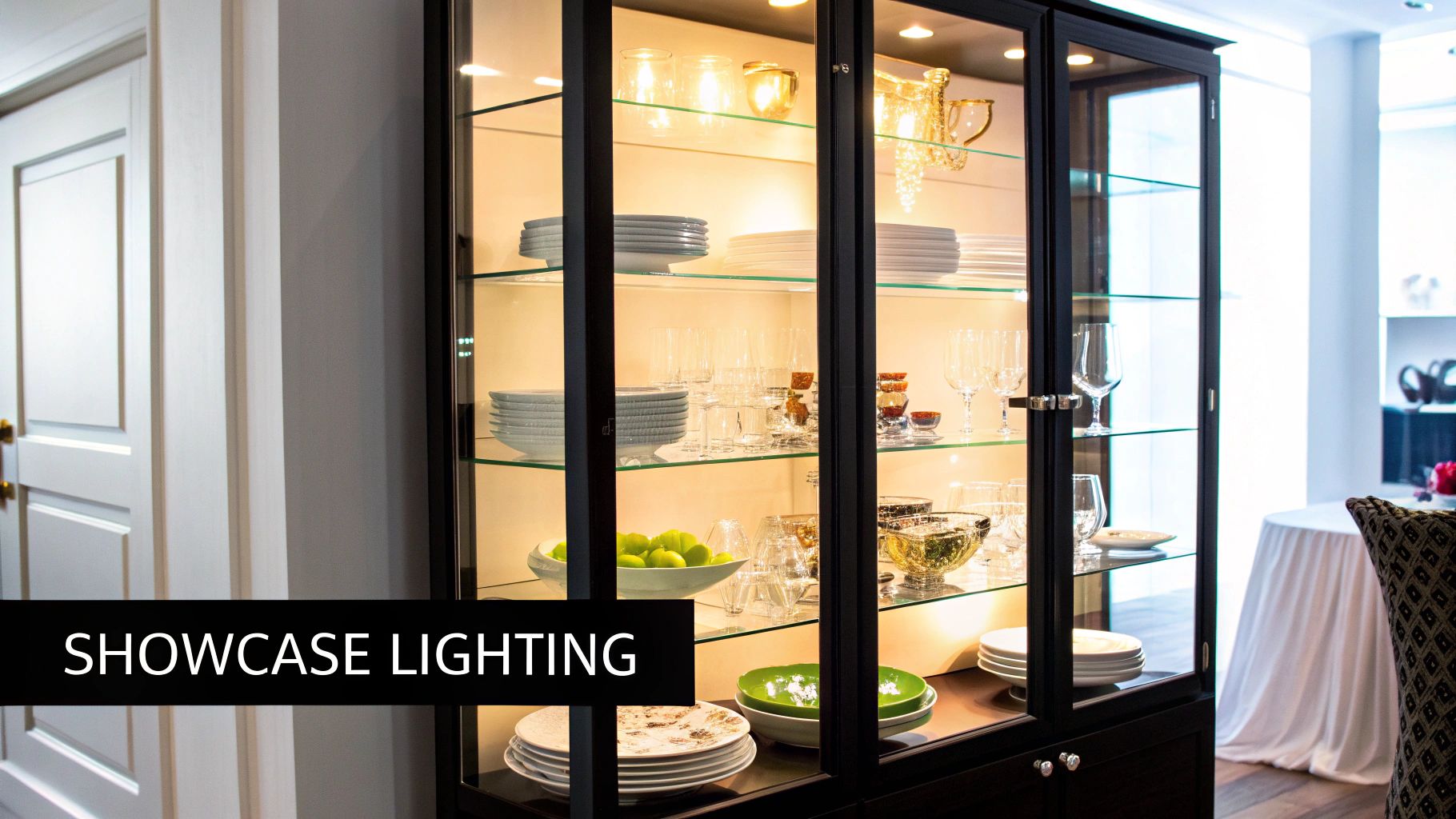 Elegant black display cabinet with interior lighting, showcasing white dishes and glassware behind glass doors.