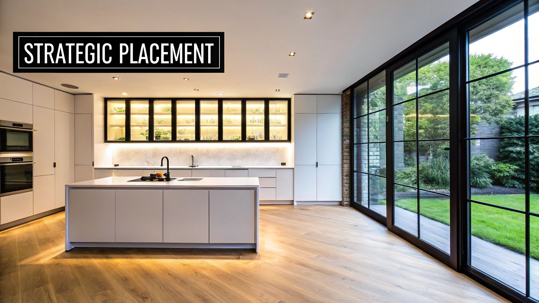 A bright, modern kitchen featuring light cabinetry, a large island, built-in appliances, and glass doors to a green garden.