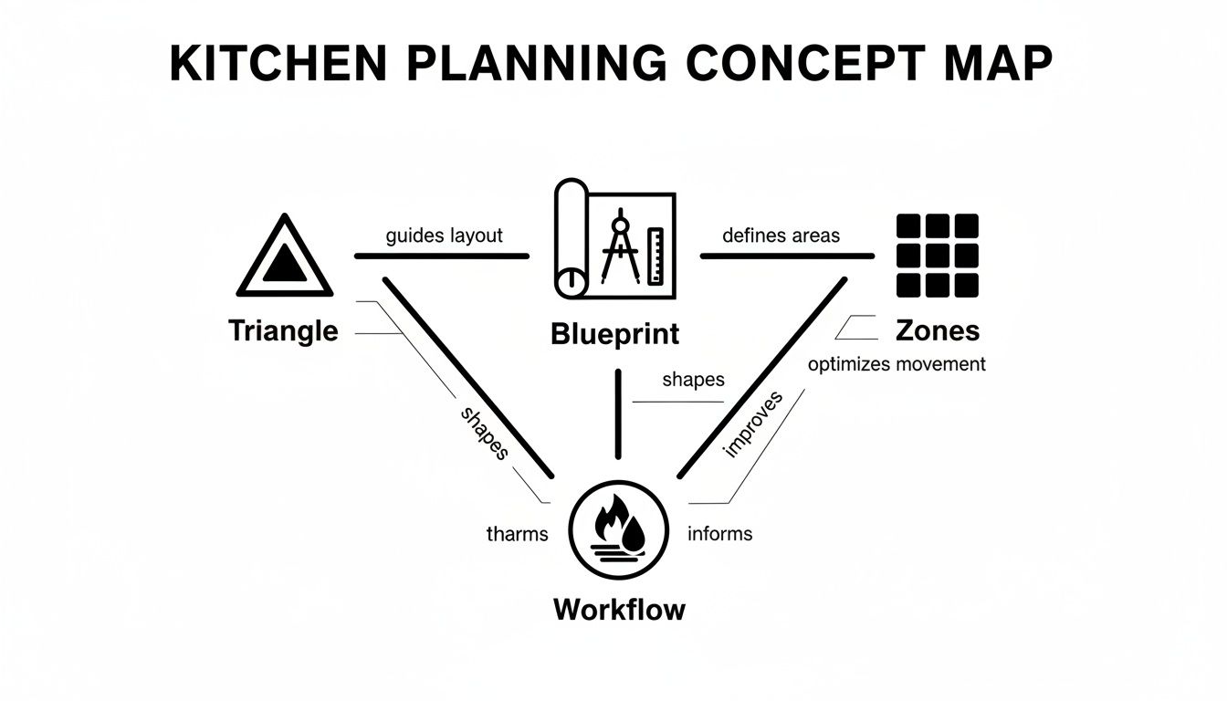 A concept map illustrates kitchen planning relationships between the work triangle, blueprint, zones, and workflow.