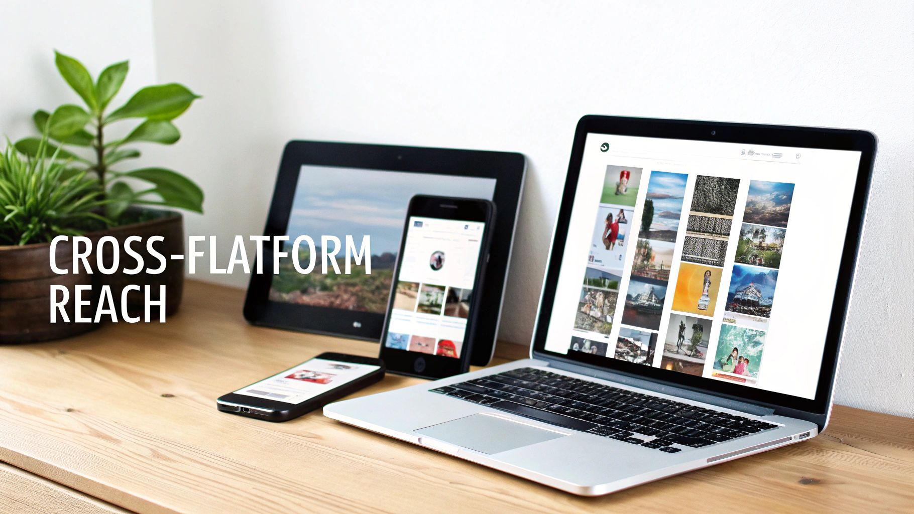 Multiple digital devices like a laptop, tablet, and smartphones displaying visual content, illustrating cross-platform reach.