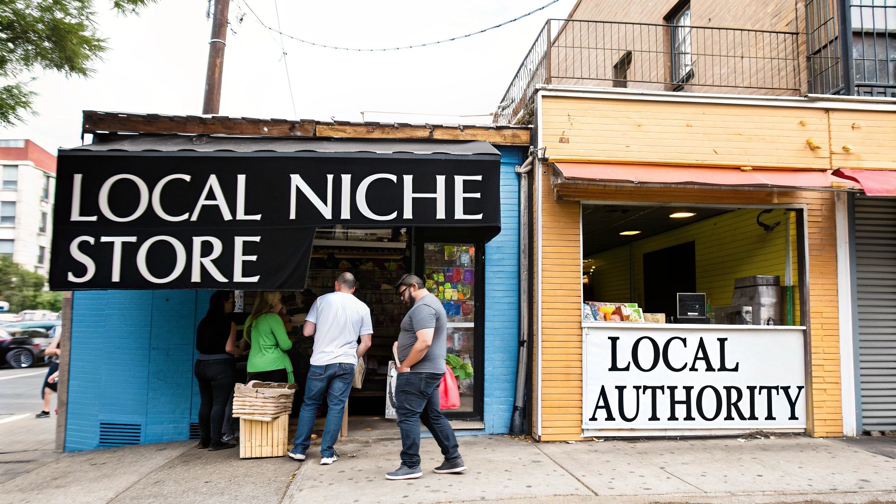 Street view of two unique storefronts: 'LOCAL NICHE STORE' and 'LOCAL AUTHORITY' with people.