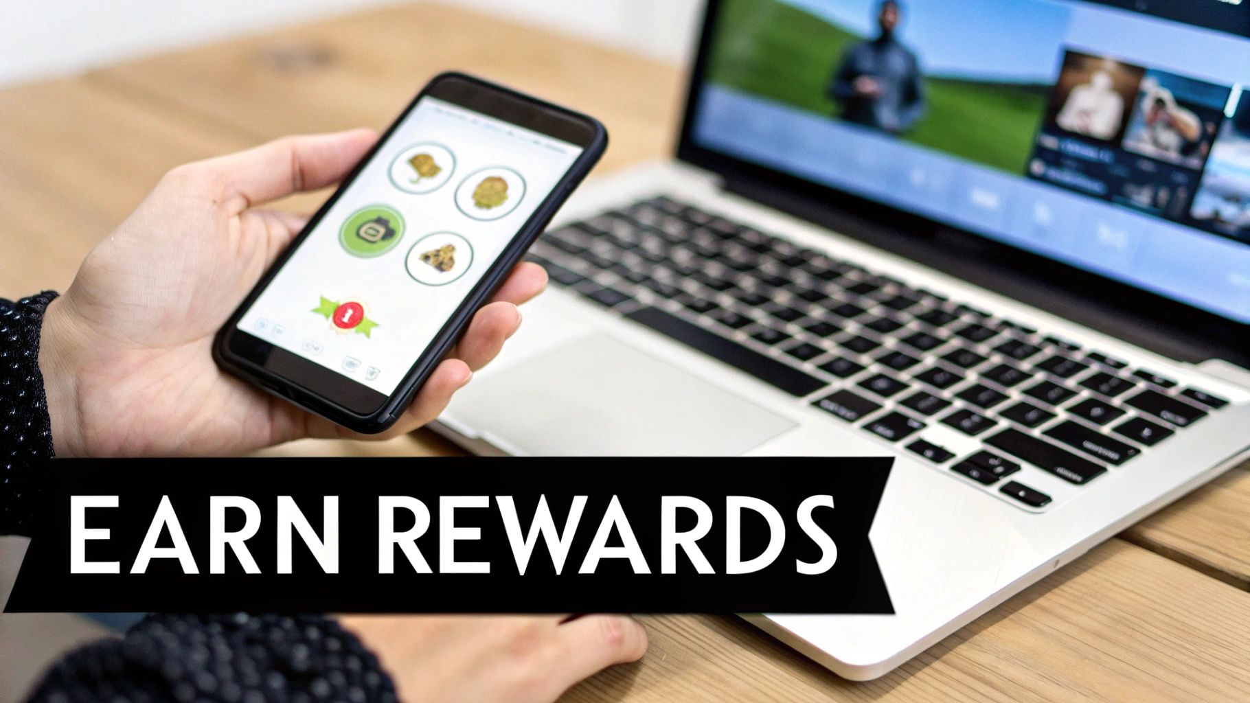 A hand holds a smartphone displaying a rewards app, with a laptop in the background. Earn rewards.