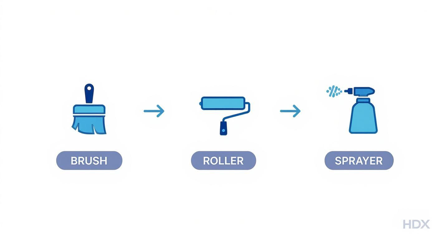 A visual guide showcasing common painting tools, including a brush, roller, and sprayer, in sequence.