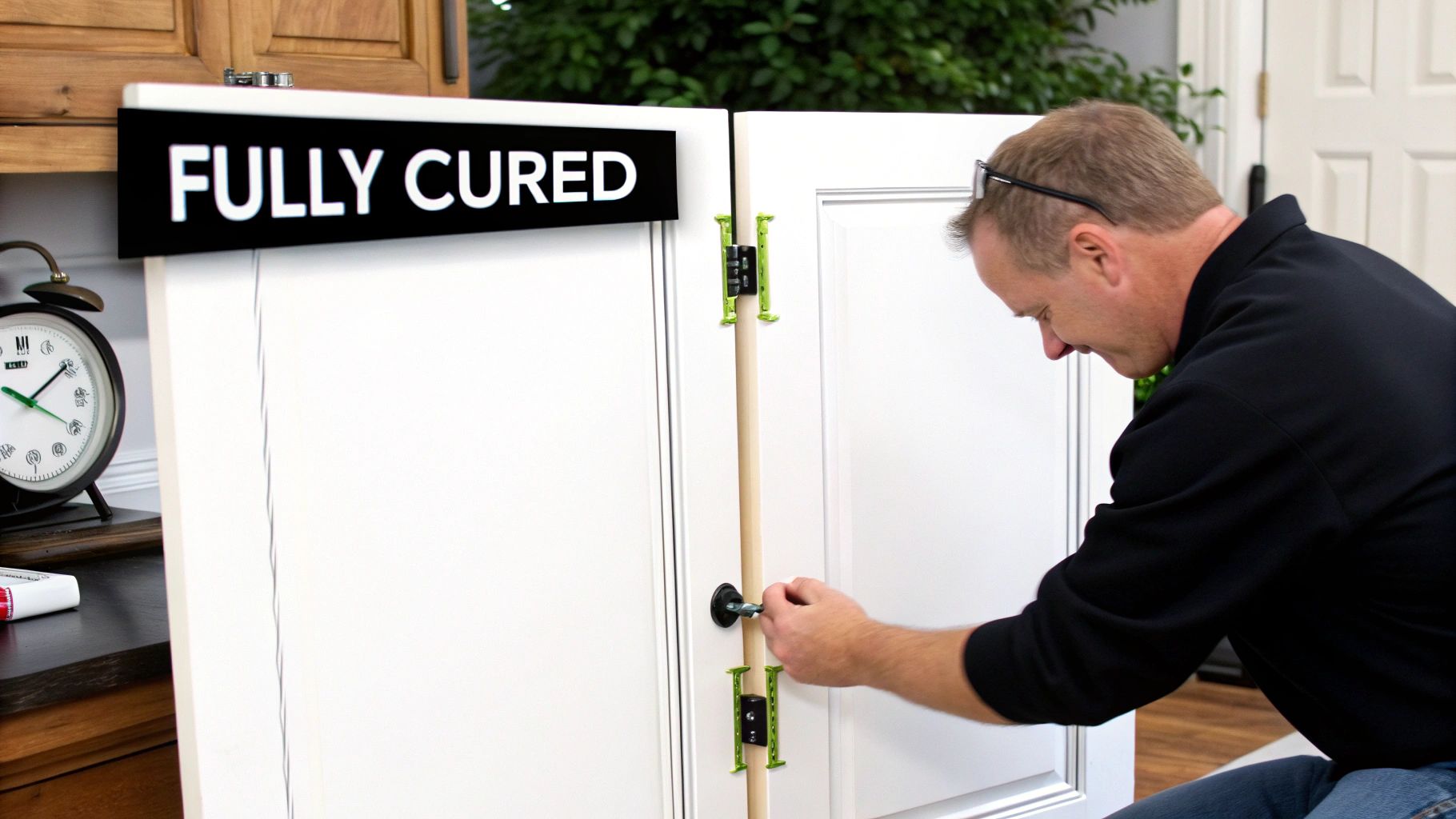 A man installing black handle and lime green hinges on a white kitchen cabinet, with a "FULLY CURED" sign.