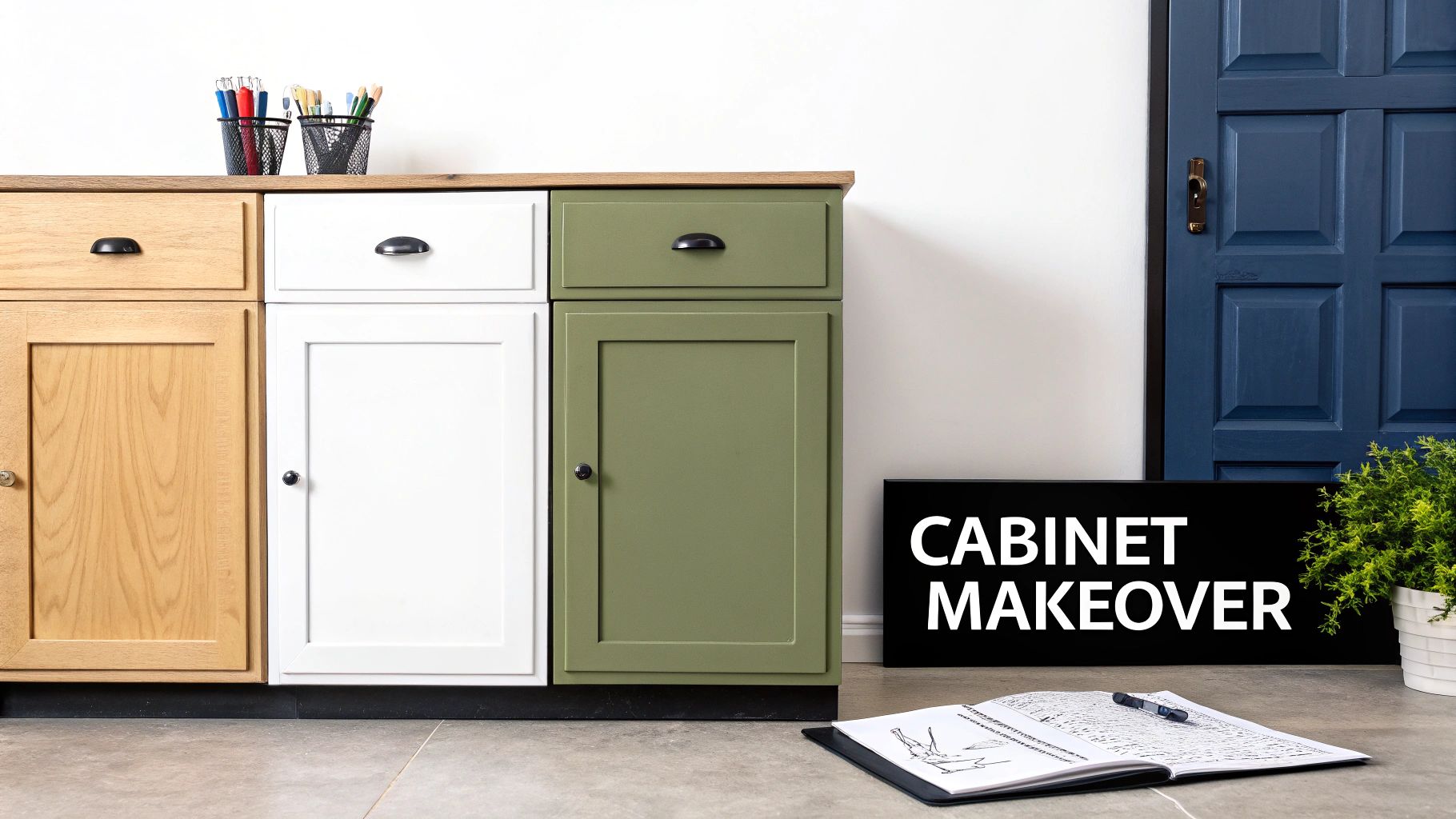 Three-section cabinet in natural wood, white, and olive green, with a 'CABINET MAKEOVER' sign.