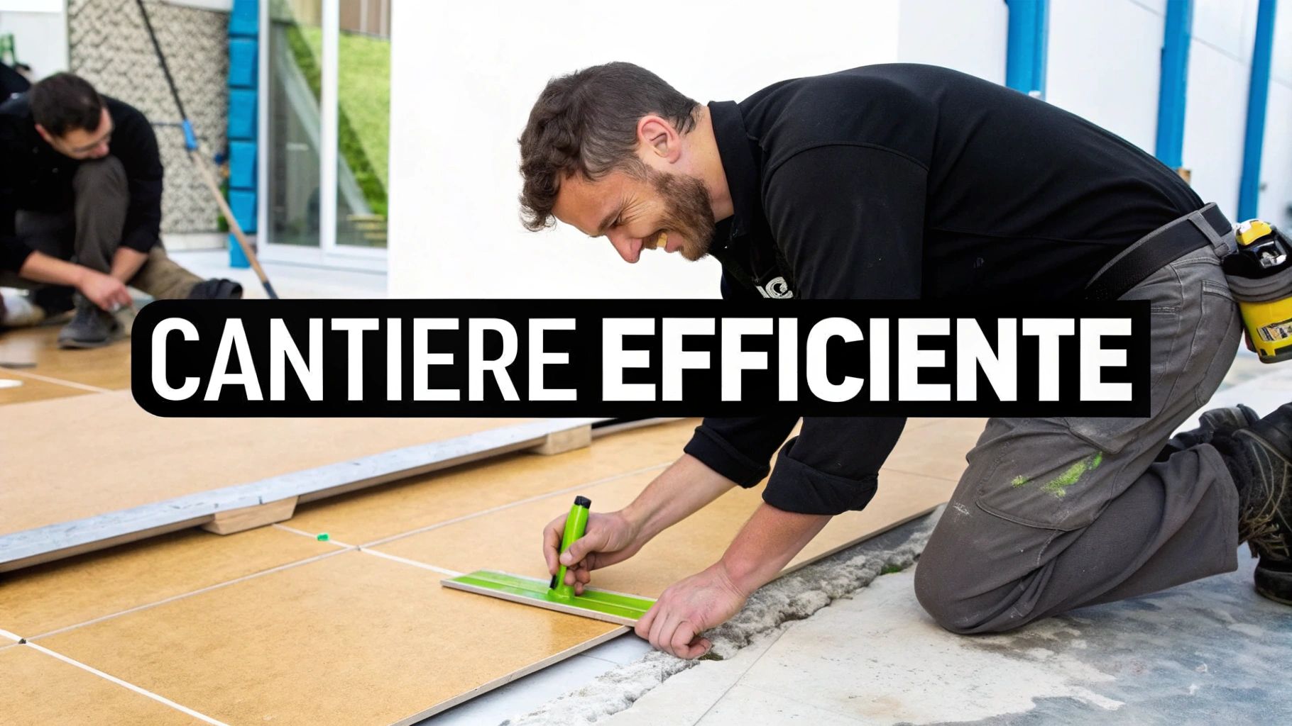 Un operaio sorridente misura e segna una piastrella sul pavimento di un cantiere edile efficiente, con un collega in sottofondo.