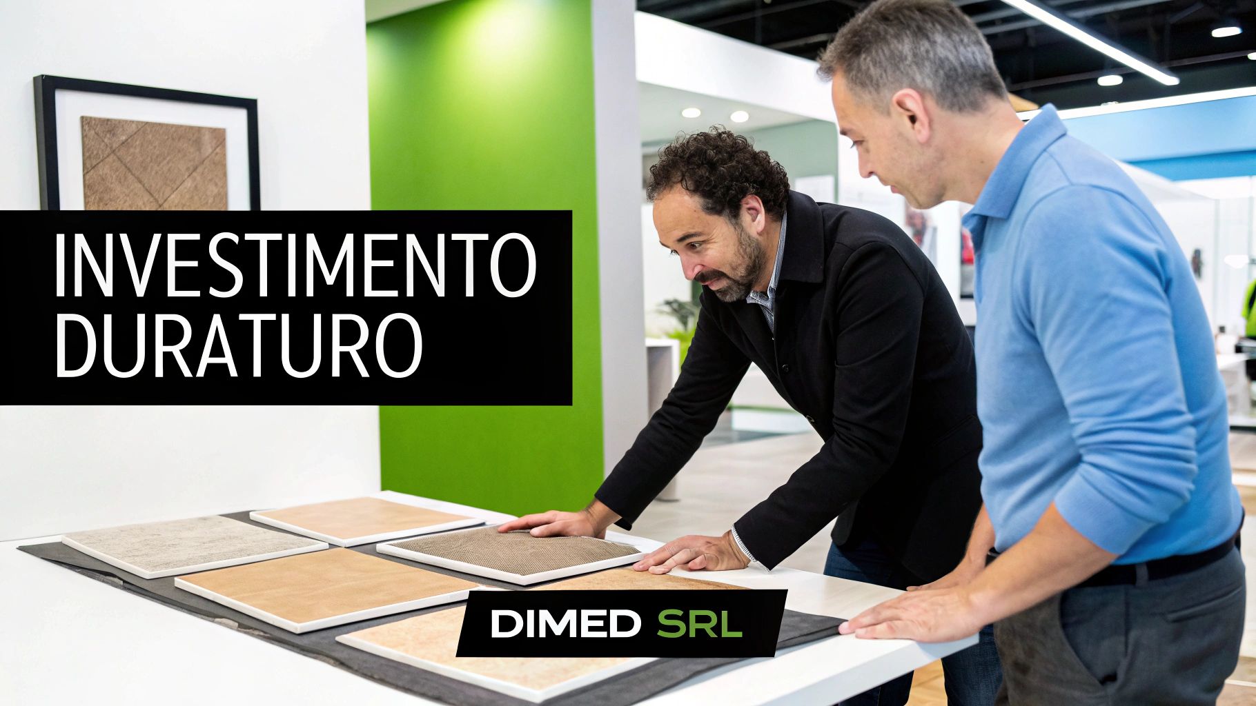 Due uomini esaminano attentamente campioni di piastrelle in ceramica, suggerendo un investimento duraturo in un ambiente moderno.