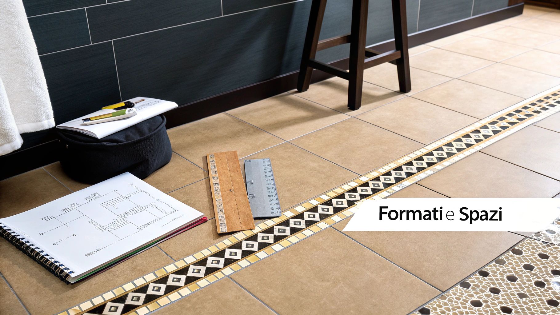 Primo piano di pavimento piastrellato con bordo decorativo, documenti di progetto e strumenti di misurazione per il design.