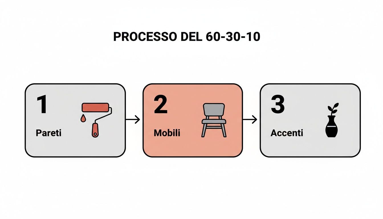 Diagramma esplicativo del processo 60-30-10 per l'interior design, mostrando pareti, mobili e accenti come fasi nella scelta dei colori.