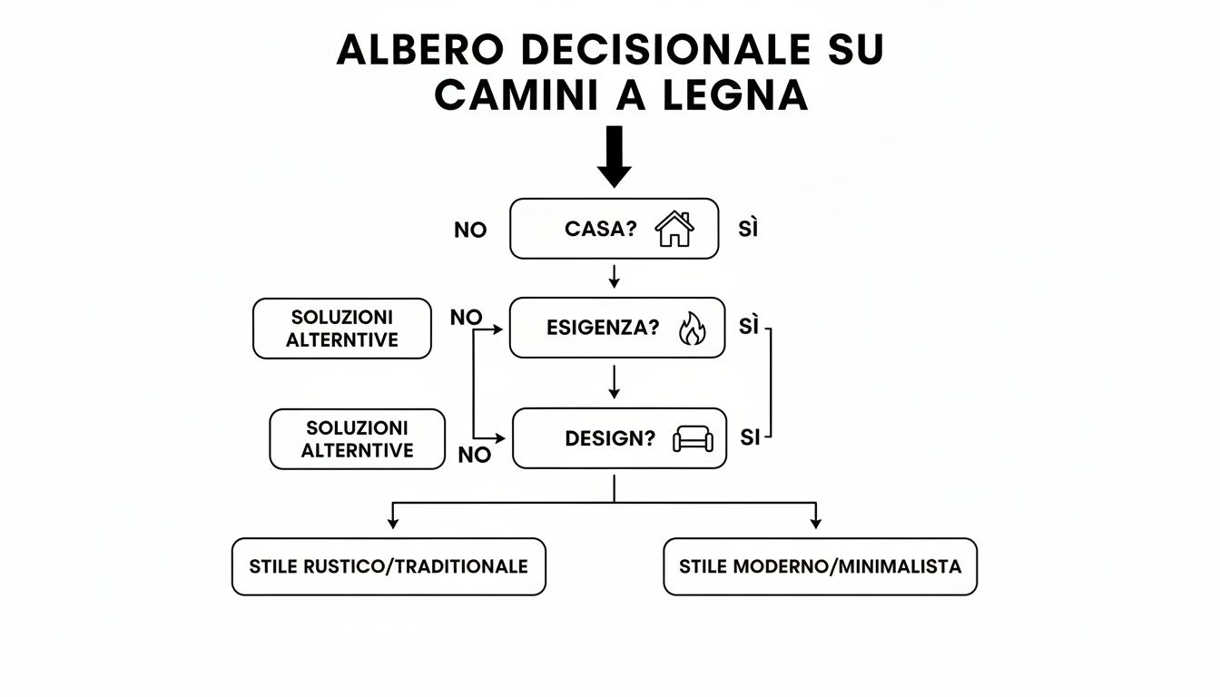 Diagramma ad albero decisionale per la scelta di camini a legna, con domande su casa, esigenza e design, che porta a soluzioni alternative o stili.