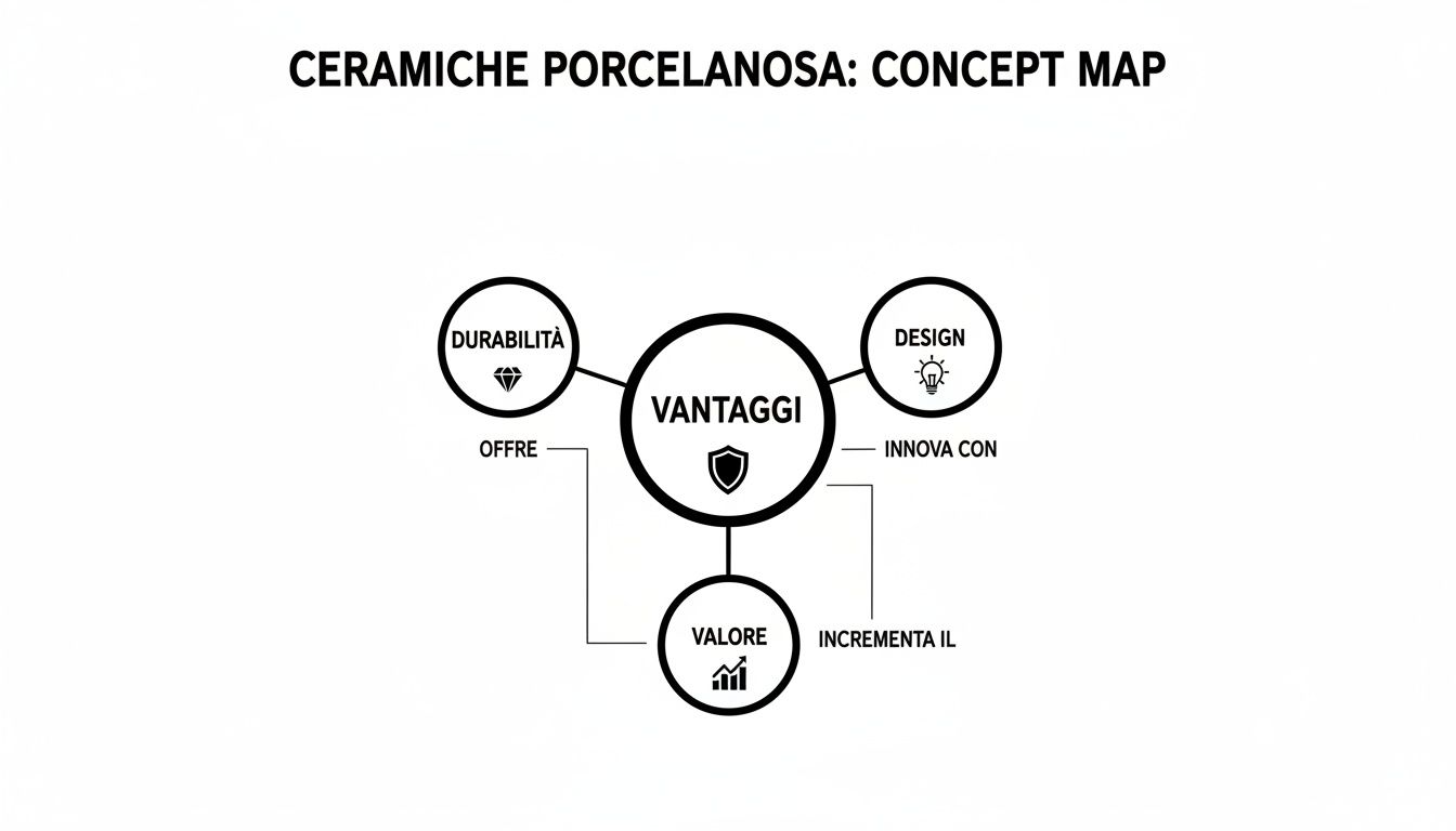 Mappa concettuale che illustra i vantaggi delle ceramiche Porcelanosa: durabilità, design e valore.