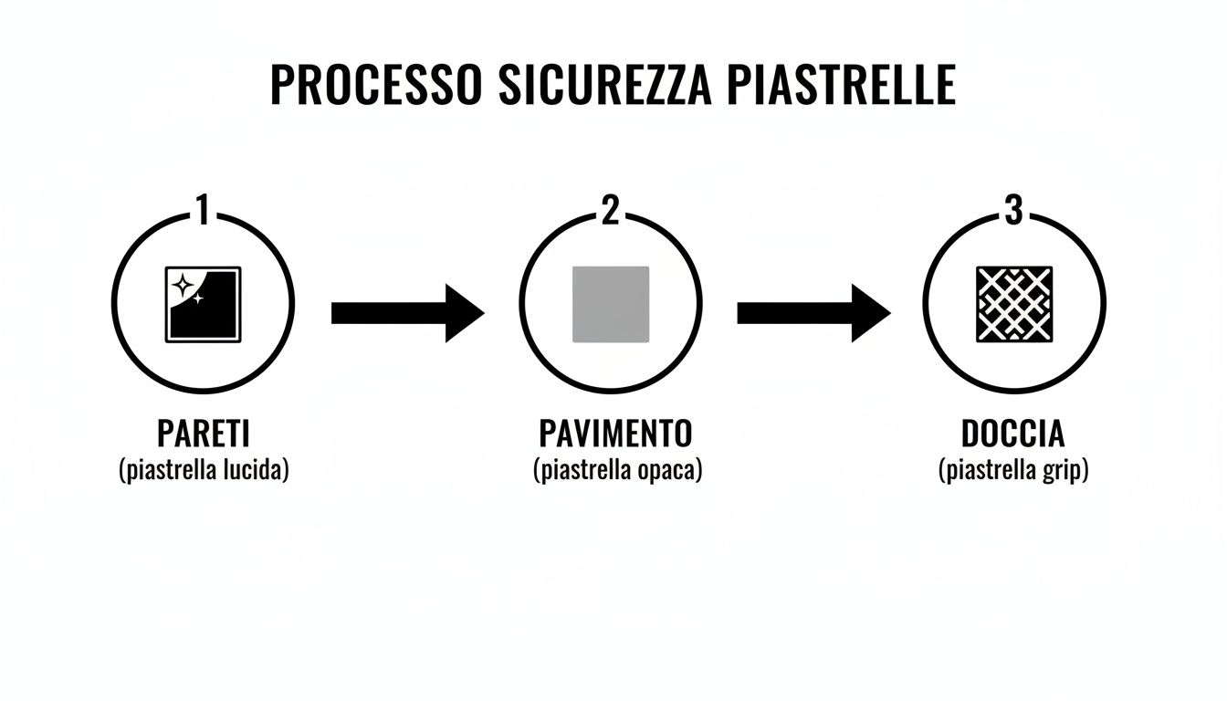 Schema del processo di sicurezza delle piastrelle per bagno: pareti lucide, pavimento opaco e doccia con piastrella grip antiscivolo.