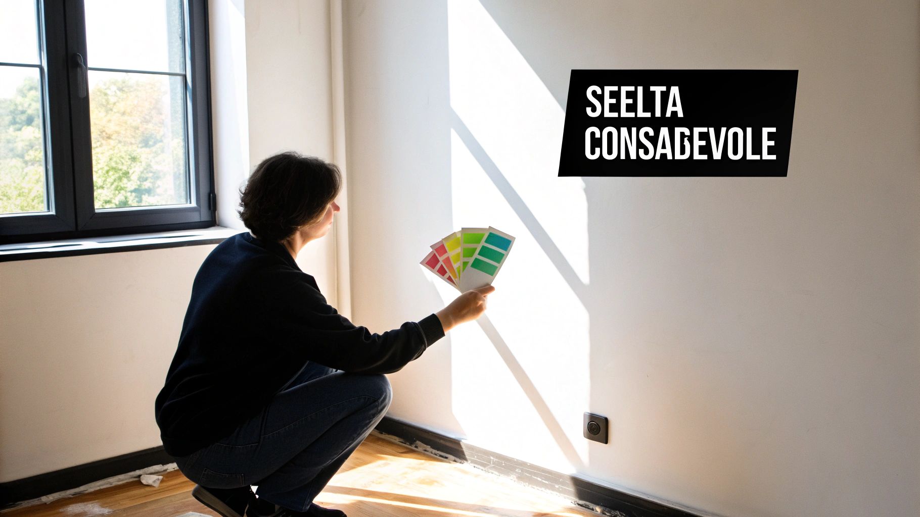 Una persona si accovaccia mostrando campioni di colore contro una parete bianca per scegliere la pittura, con luce naturale da una finestra.