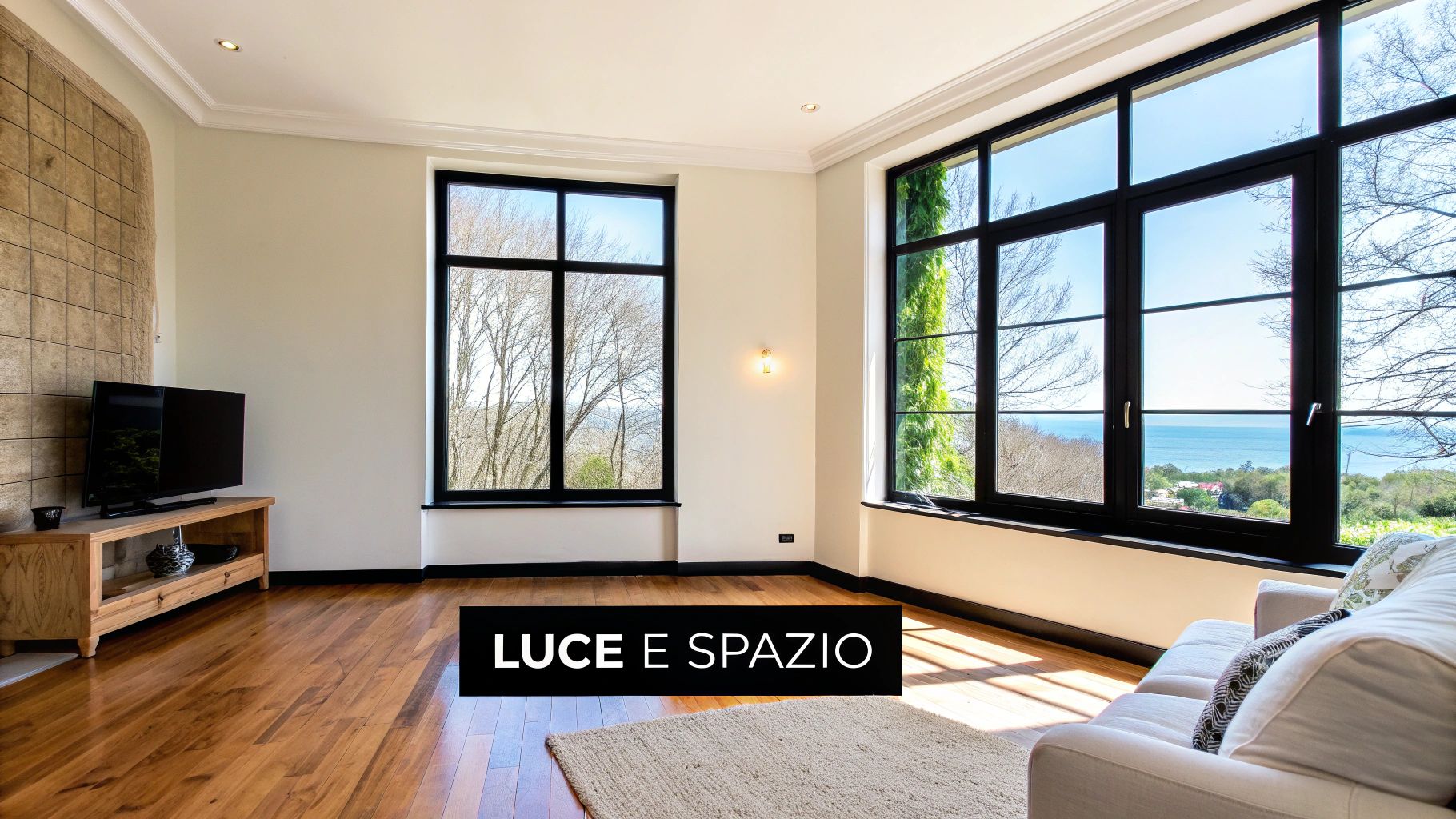Soggiorno luminoso con ampie finestre che offrono vista sul mare, pavimento in legno e divano.