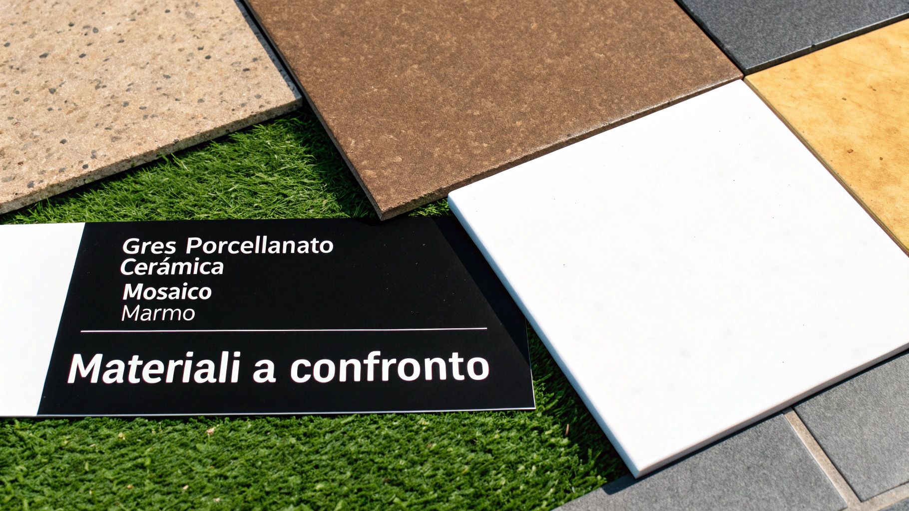 Diverse campionature di piastrelle (gres porcellanato, ceramica, mosaico, marmo) esposte su erba sintetica per confronto.