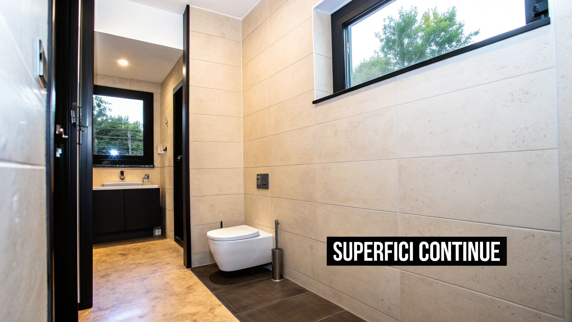 Bagno moderno con piastrelle chiare, WC sospeso, finestra e mobile lavabo nero visibile attraverso la porta.