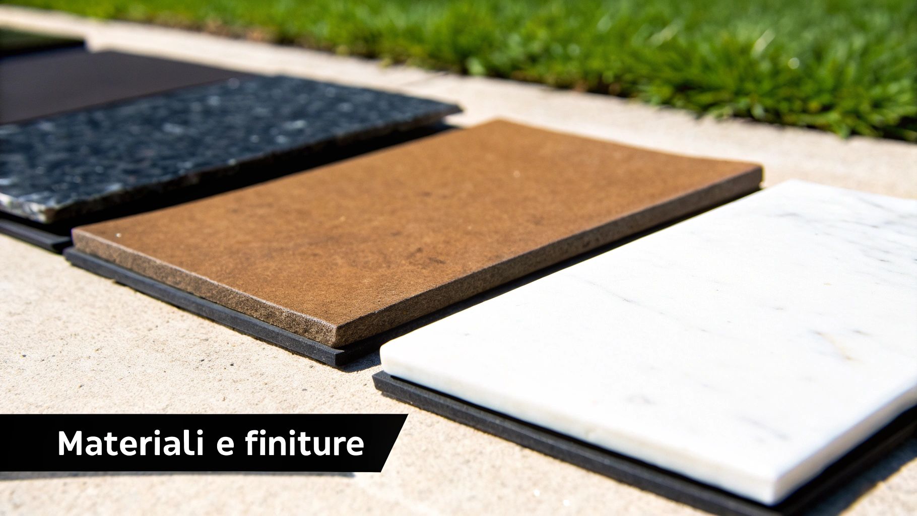 Vari campioni di materiali e finiture, inclusi marmo bianco, legno scuro e granito nero, su una superficie esterna.