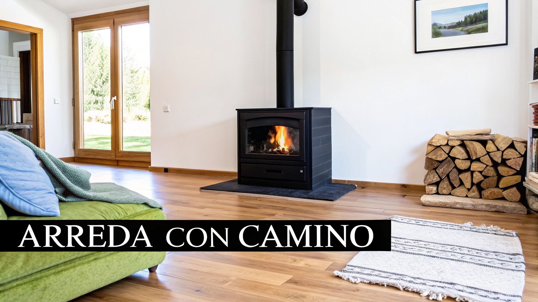 Soggiorno moderno e accogliente con elegante camino a legna nero, catasta di legna e pavimento in parquet chiaro.