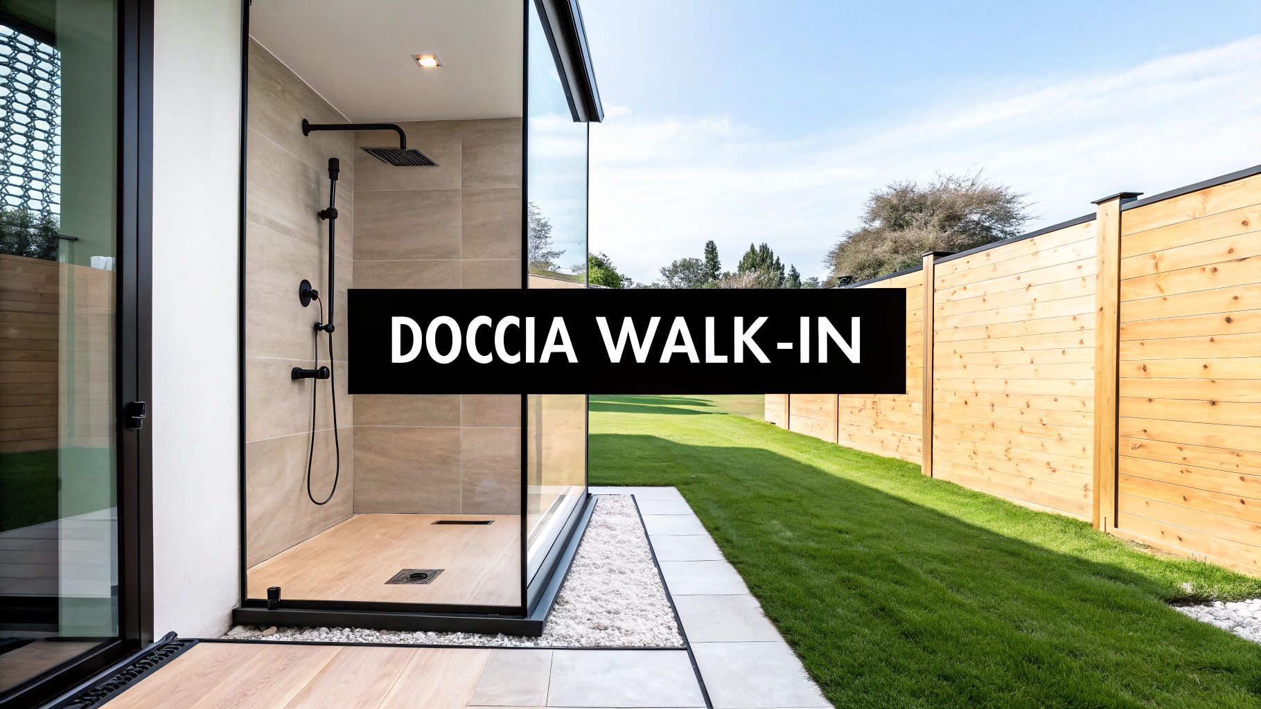 Doccia walk-in moderna per esterni con pavimento in legno e pareti piastrellate. Circondata da prato verde e recinzione in legno.