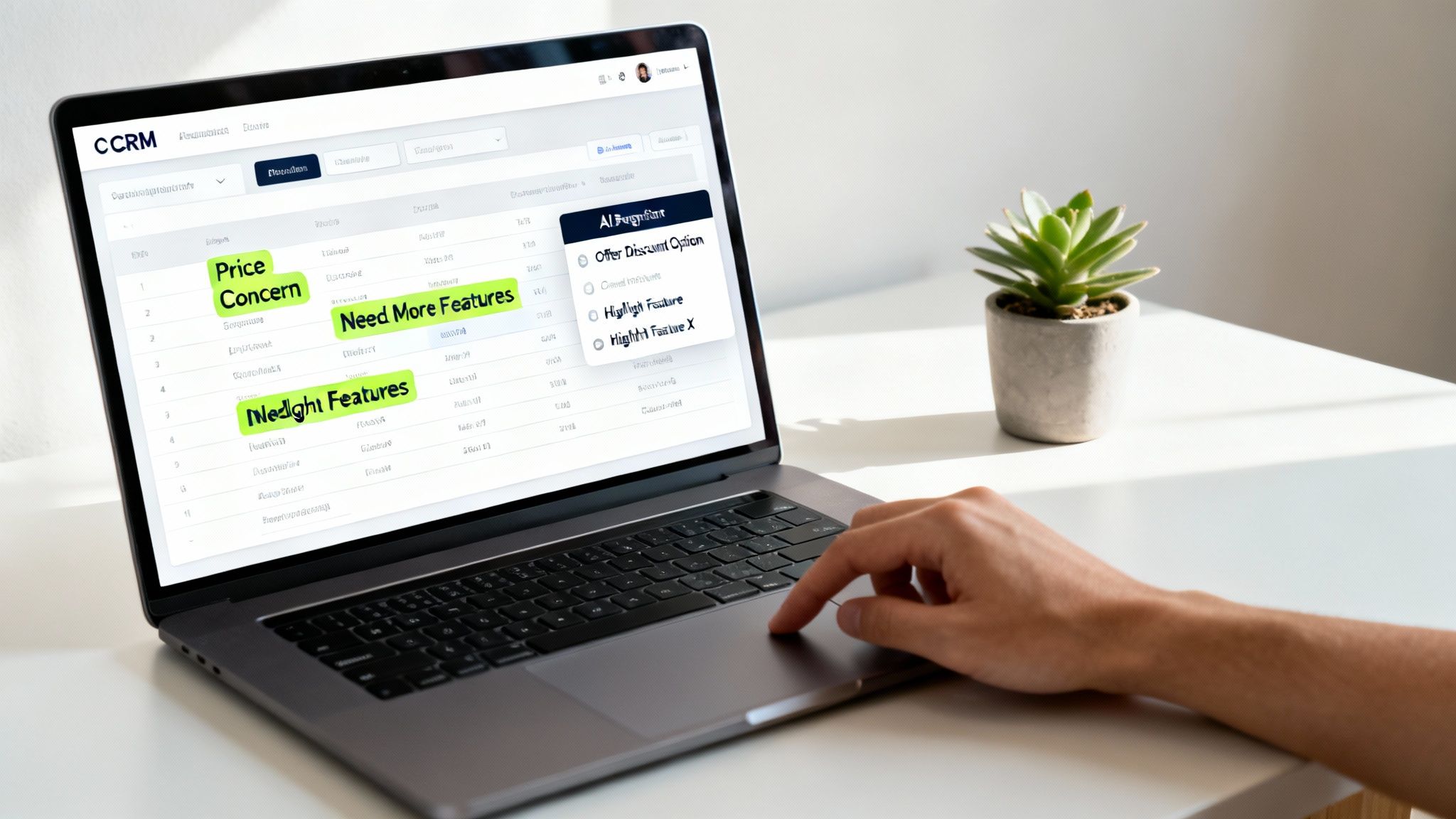 A hand interacts with a laptop displaying a CRM interface with sales objections and AI suggestions.