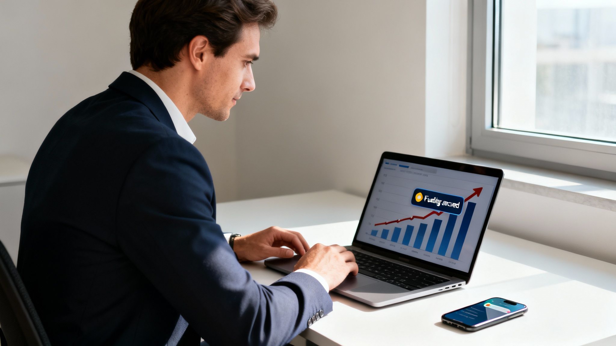 A businessman working on a laptop, viewing a screen with a rising sales graph and 'Funding secured' notification.