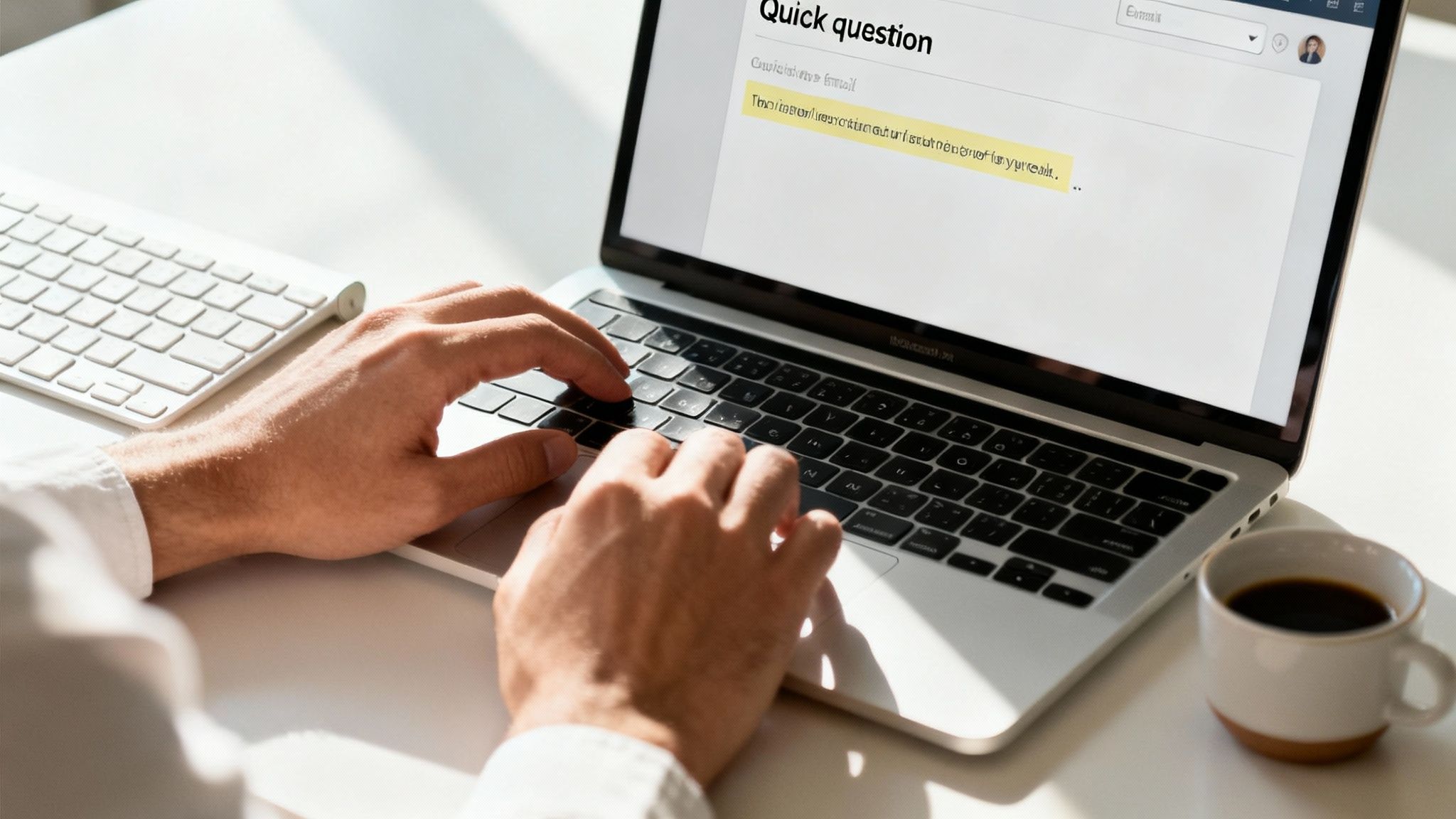 Person typing on a laptop, composing an email with 'Quick question' on screen, with coffee nearby.