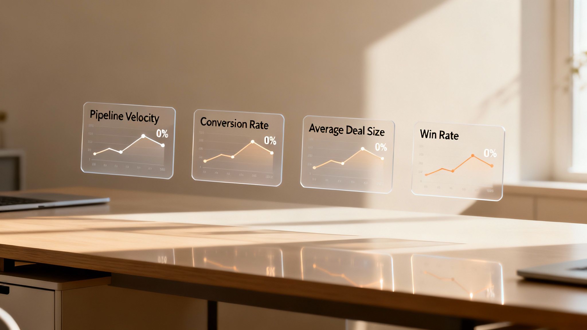 Four holographic sales data charts, including pipeline velocity and conversion rate, float over a desk.