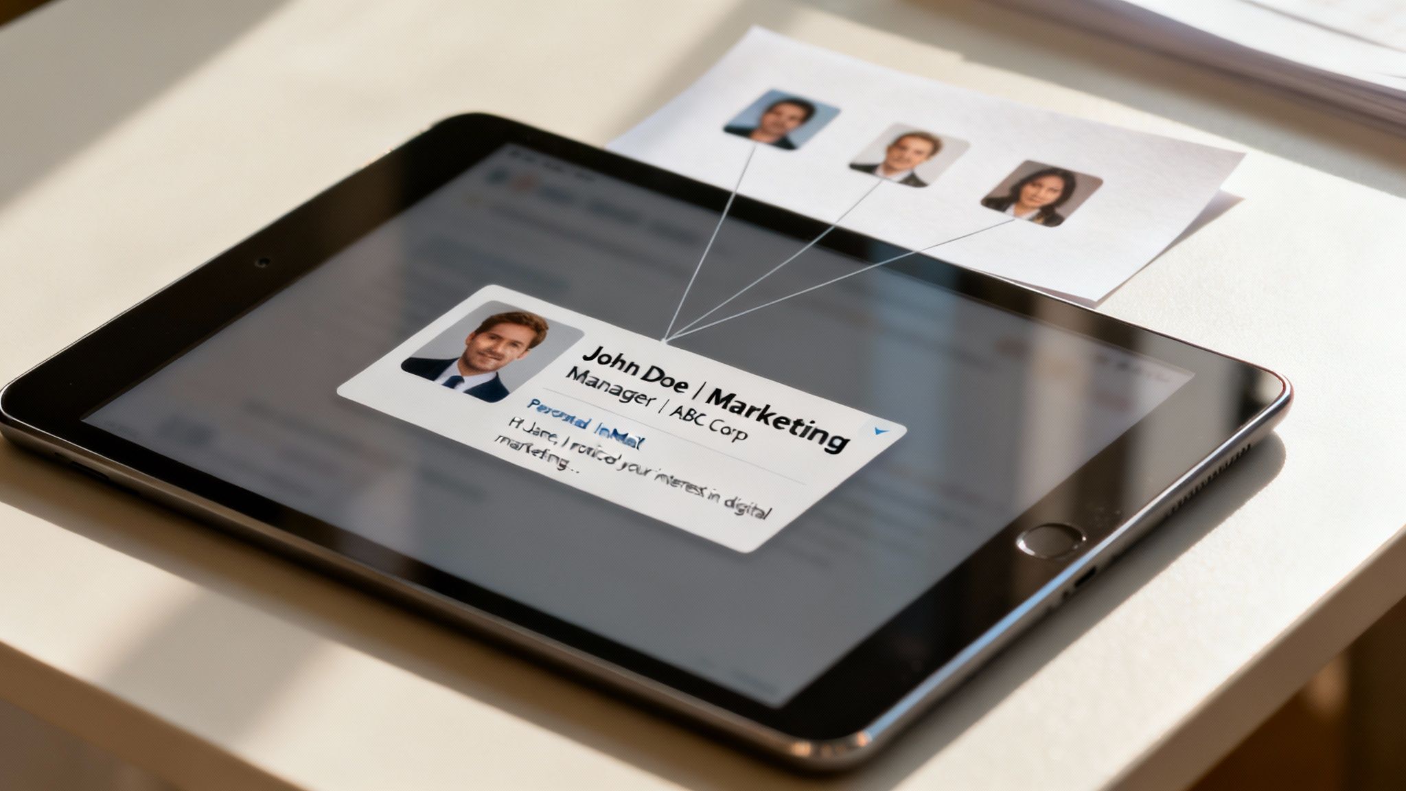 A tablet displays 'John Doe, Marketing Manager' profile with connected prospects, symbolizing B2B lead generation.