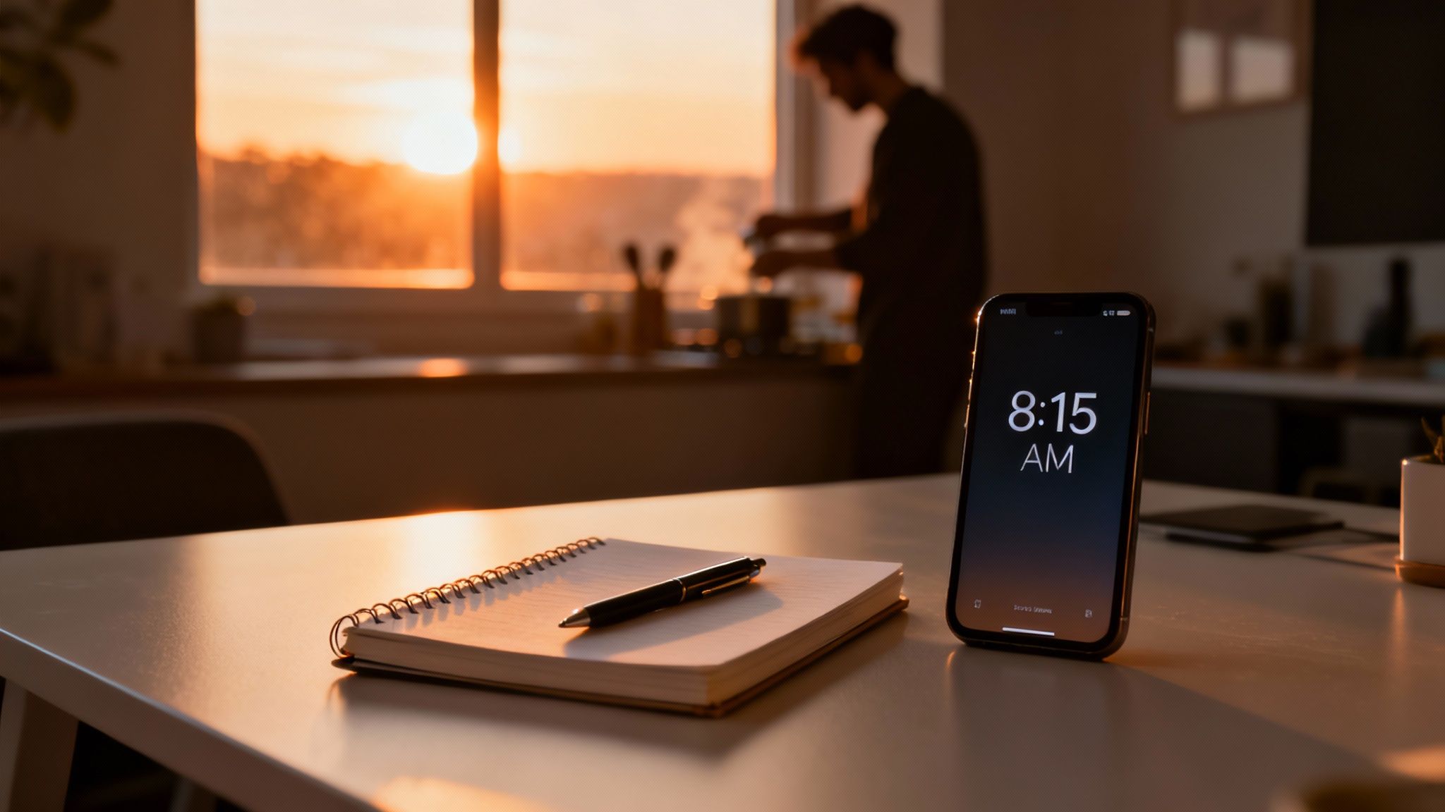 A smartphone displaying 8:15 AM, a notebook and pen on a table, with a person cooking in a sunlit kitchen background.