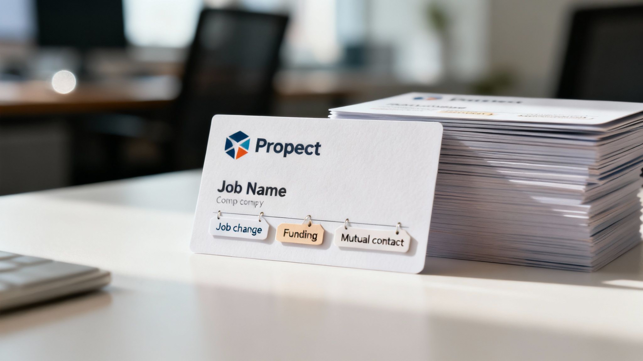 Prospect business card featuring job name, company, and tags for job change, funding, and mutual contact.