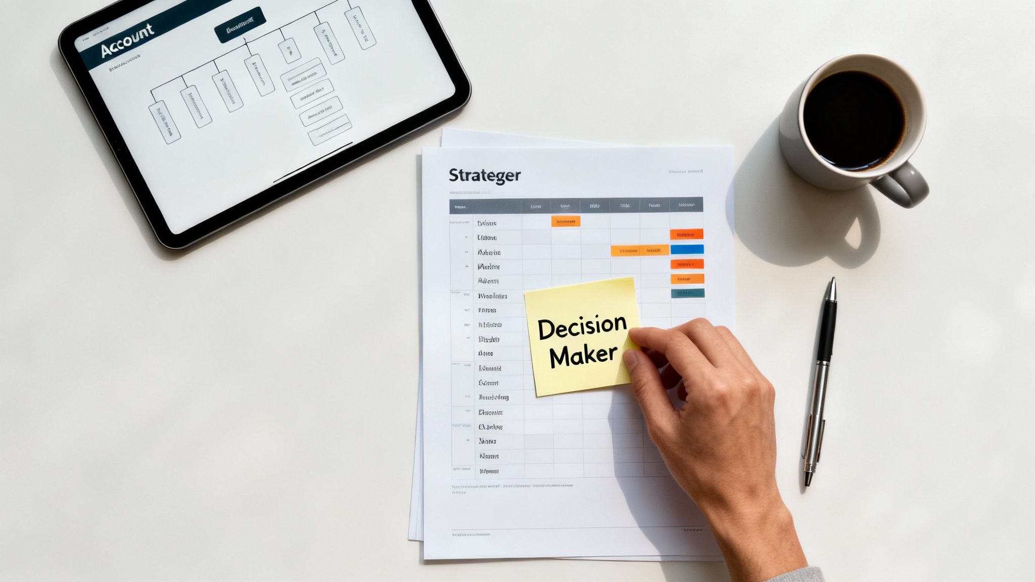 Overhead view of a person placing a 'Decision Maker' sticky note on a strategic planning document.